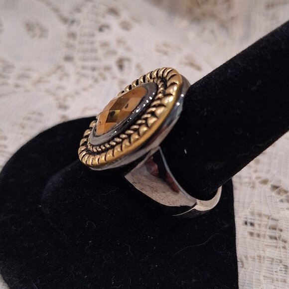 Lia Sophia Silver & Gold Tone Oval Statement Ring With Faceted Amber Stone - Picture 3 of 5